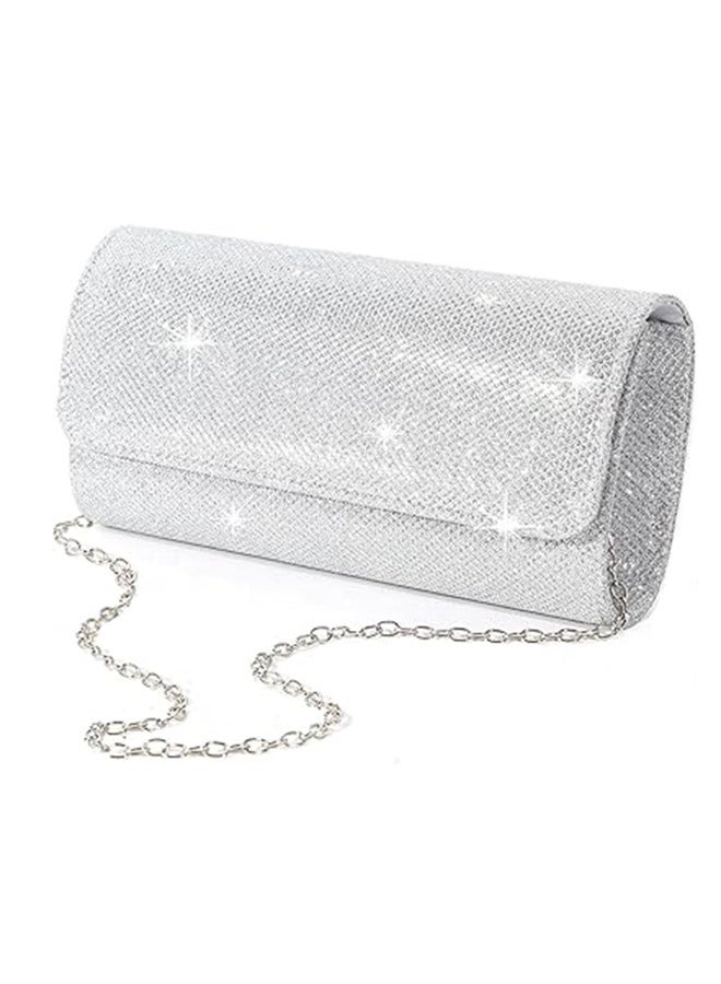 Evening Bag Clutch Purses for Women Ladies Sparkling Party Handbag Wedding Bag, Sliver - Image 1