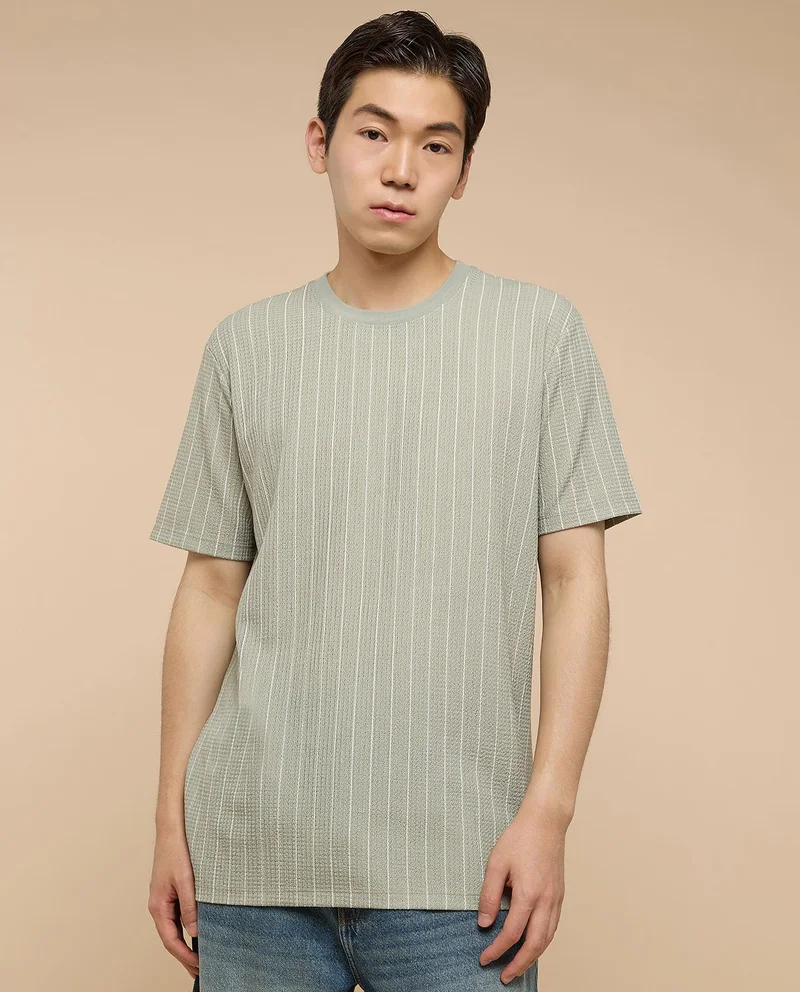 أر أند بي Striped T-Shirt with Crew Neck and Short Sleeves
