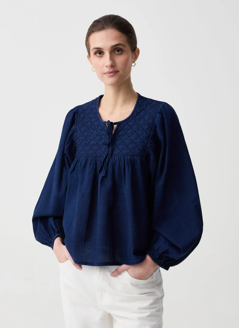 او في اس Denim Blouse With Diamond Embroidery