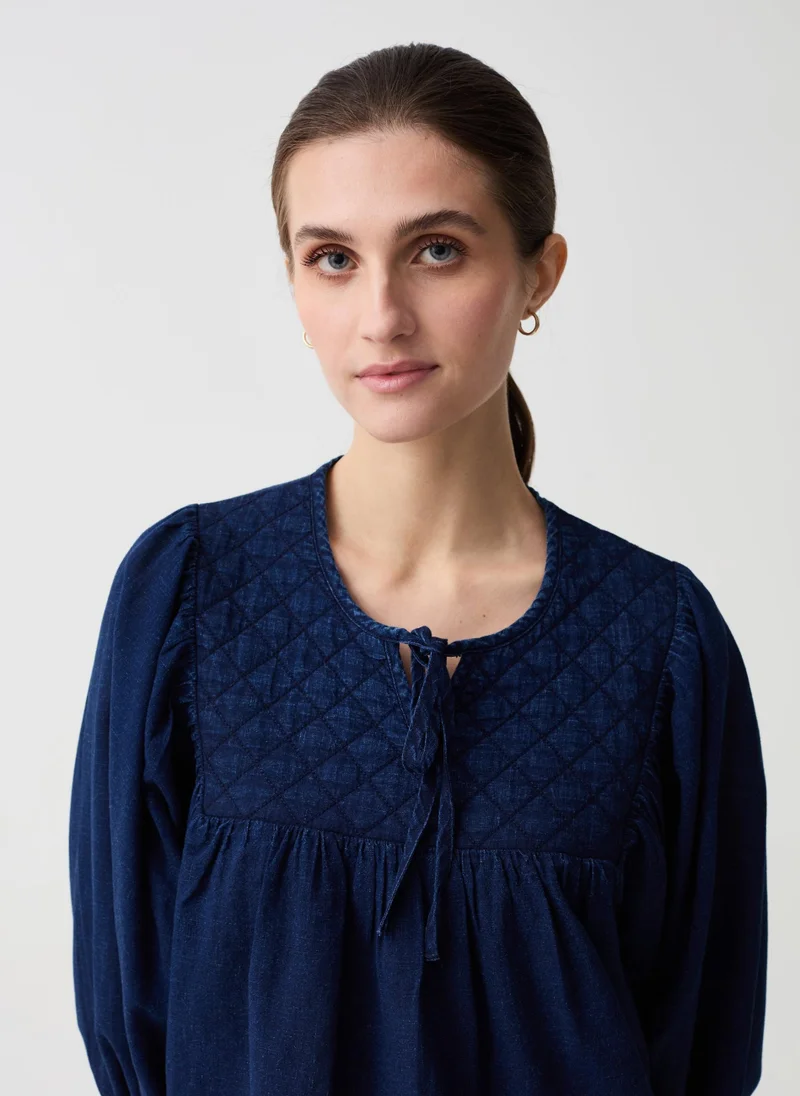 او في اس Denim Blouse With Diamond Embroidery