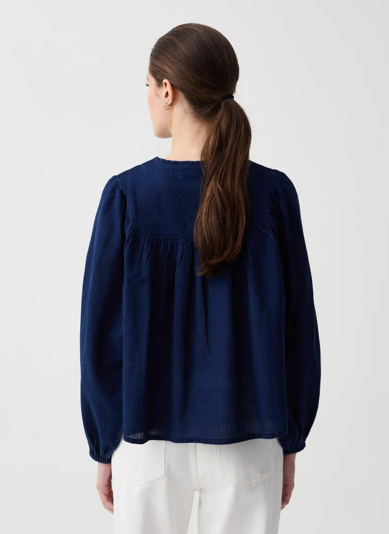 Ovs Denim Blouse With Diamond Embroidery