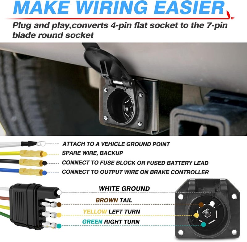 MICTUNING 4 Way Flat to 7 Way RV Blade and 4 Way Flat Female End Trailer Wiring Adapter Connector Kit, 4 Pin Vehicle-Side Trailer Light Plug to Dual-Output 7 Blade & 4 Flat with Mounting Bracket - Image 2