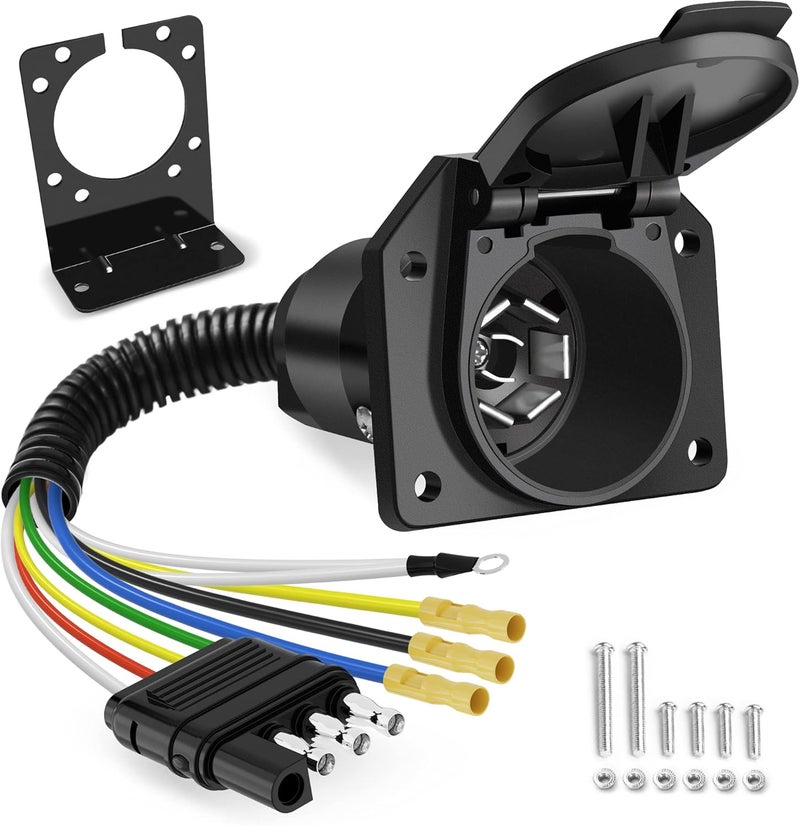 MICTUNING 4 Way Flat to 7 Way RV Blade and 4 Way Flat Female End Trailer Wiring Adapter Connector Kit, 4 Pin Vehicle-Side Trailer Light Plug to Dual-Output 7 Blade & 4 Flat with Mounting Bracket - Image 1