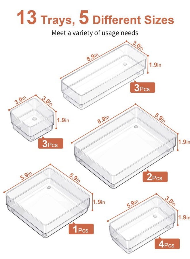 SMARTAKE 13-Piece Drawer Organizer with Non-Slip Silicone Pads, 5-Size Desk Drawer Organizer Trays Storage Tray for Makeup, Jewelries, Utensils in Bedroom Dresser, Office and Kitchen (Clear) - Image 2