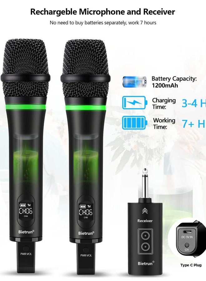 Bietrun Rechargeable Wireless Microphone, Dual Metal Cordless Handheld Dynamic Wireless Mics with 1/4'' Output for Karaoke, Meeting, Singing, Church, Wedding(UHF 240ft Range)(Receiver with Bluetooth) - Image 3