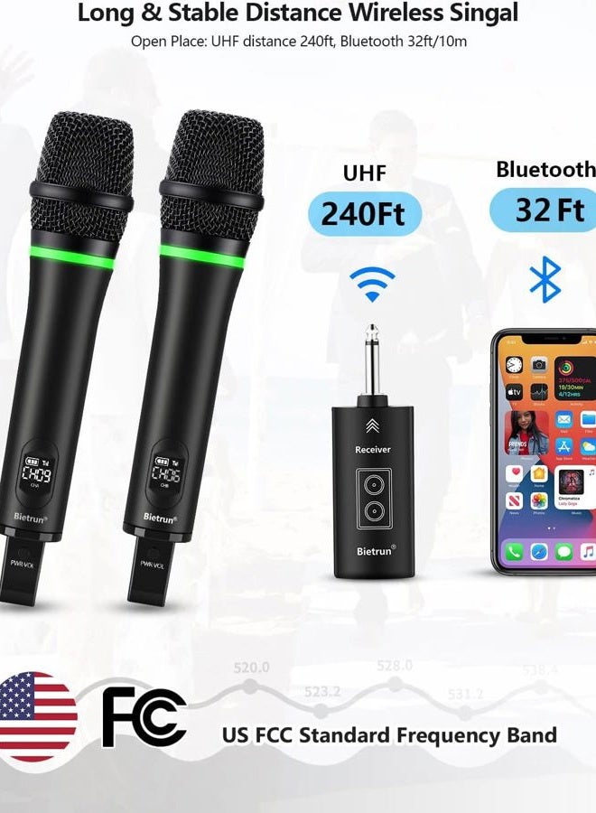 Bietrun Rechargeable Wireless Microphone, Dual Metal Cordless Handheld Dynamic Wireless Mics with 1/4'' Output for Karaoke, Meeting, Singing, Church, Wedding(UHF 240ft Range)(Receiver with Bluetooth) - Image 2