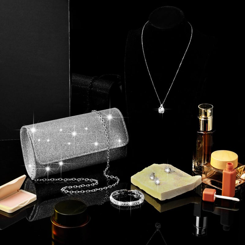 Canchiing 5 Pcs Rhinestone Jewelry Set for Women Glitter Bling Clutch Purse Necklace Earrings Bracelet Ring for Bride Wedding (Silver) - Image 4