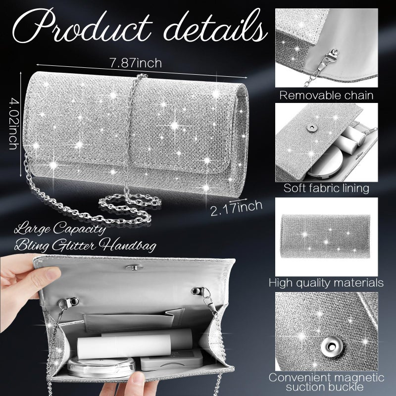 Canchiing 5 Pcs Rhinestone Jewelry Set for Women Glitter Bling Clutch Purse Necklace Earrings Bracelet Ring for Bride Wedding (Silver) - Image 3