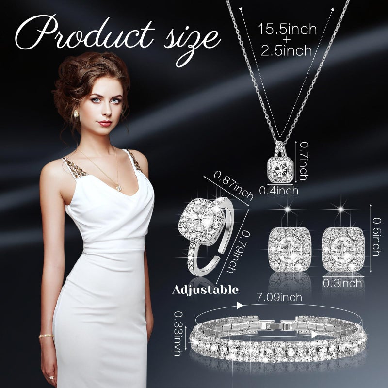 Canchiing 5 Pcs Rhinestone Jewelry Set for Women Glitter Bling Clutch Purse Necklace Earrings Bracelet Ring for Bride Wedding (Silver) - Image 2
