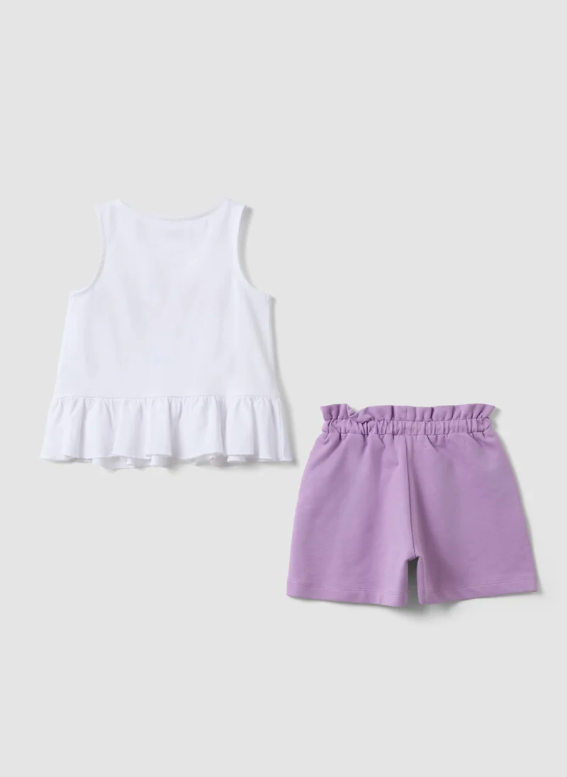 او في اس OVS White And Purple Stretch Cotton Set With Top And Shorts
