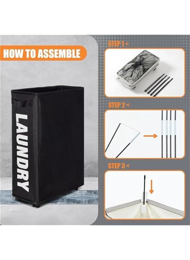 Rolling Laundry Baskets on Wheels, Collapsible Slim Laundry Hamper Canvas Flexible Laundry Bag Storage Bin Organizer Dirty Clothes Sorter for Laundry Room Organization and Storage (Black Wheel) - Image 4