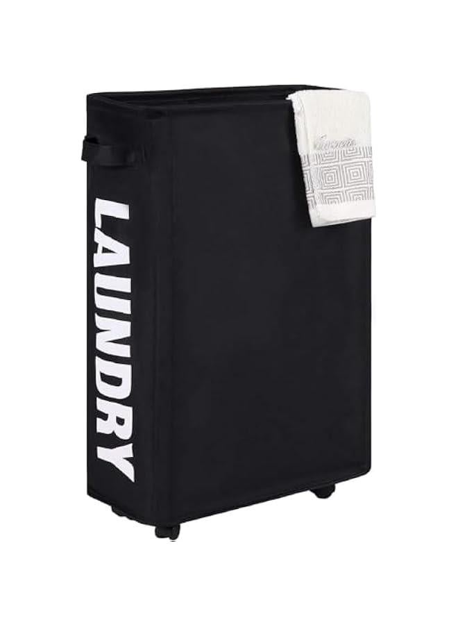 Rolling Laundry Baskets on Wheels, Collapsible Slim Laundry Hamper Canvas Flexible Laundry Bag Storage Bin Organizer Dirty Clothes Sorter for Laundry Room Organization and Storage (Black Wheel) - Image 1