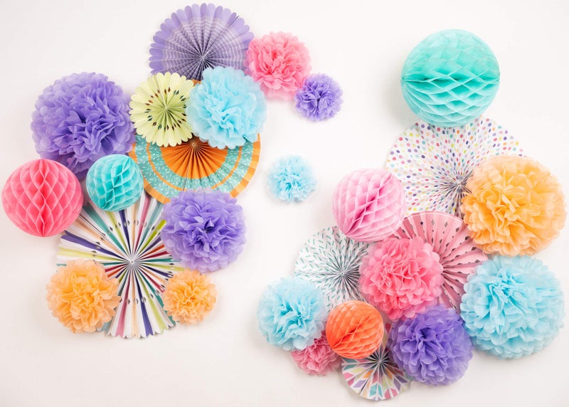 PapaKit Deluxe Origami Large Wall Decoration Set (Assorted Paper Fans & Pom-poms) Birthday Party Baby Shower Wedding Events Decor | Creative Art Design Pattern (Festive Colors, Deluxe 26 Piece Set) - Image 3