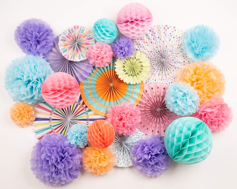 PapaKit Deluxe Origami Large Wall Decoration Set (Assorted Paper Fans & Pom-poms) Birthday Party Baby Shower Wedding Events Decor | Creative Art Design Pattern (Festive Colors, Deluxe 26 Piece Set) - Image 4