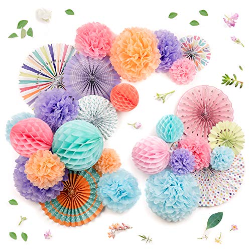 PapaKit Deluxe Origami Large Wall Decoration Set (Assorted Paper Fans & Pom-poms) Birthday Party Baby Shower Wedding Events Decor | Creative Art Design Pattern (Festive Colors, Deluxe 26 Piece Set) - Image 1