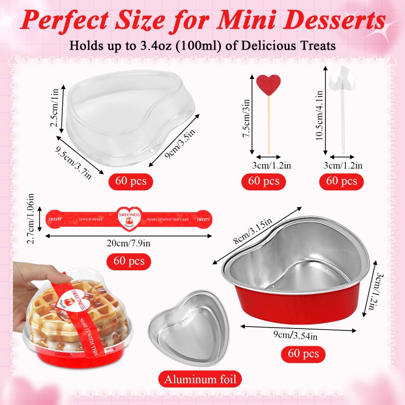 YQER 60 Pack Valentine's Heart Shaped Cake Pans â€“ 3.4oz Mini Aluminum Foil heart shape Cupcake pan with Lids, Spoons and Valentine Heart Stickers â€“ Disposable Baking Tins Supplies for Gifts, Red - Image 2