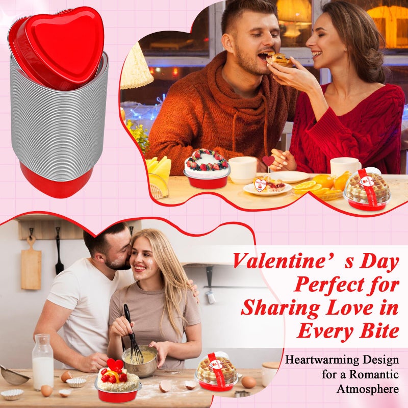 YQER 60 Pack Valentine's Heart Shaped Cake Pans â€“ 3.4oz Mini Aluminum Foil heart shape Cupcake pan with Lids, Spoons and Valentine Heart Stickers â€“ Disposable Baking Tins Supplies for Gifts, Red - Image 4
