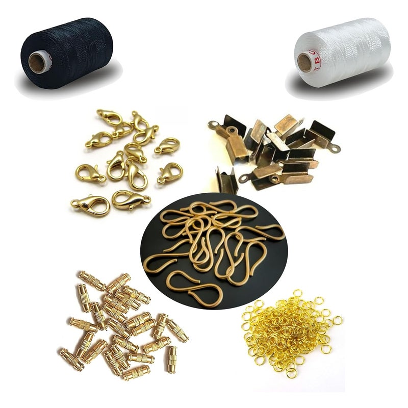 Domick Jewellery Making Fitting Kit, Lobster Clasps 20 Pcs, End Clasps 20 Pcs, (S) Hook Lock 20 Pcs, Barrel Clasps 20 Pcs, Jump Ring 200 Pcs, 2 Ply Nylon Thread 0.20MM 1000 Meter (Black,White) - Image 1