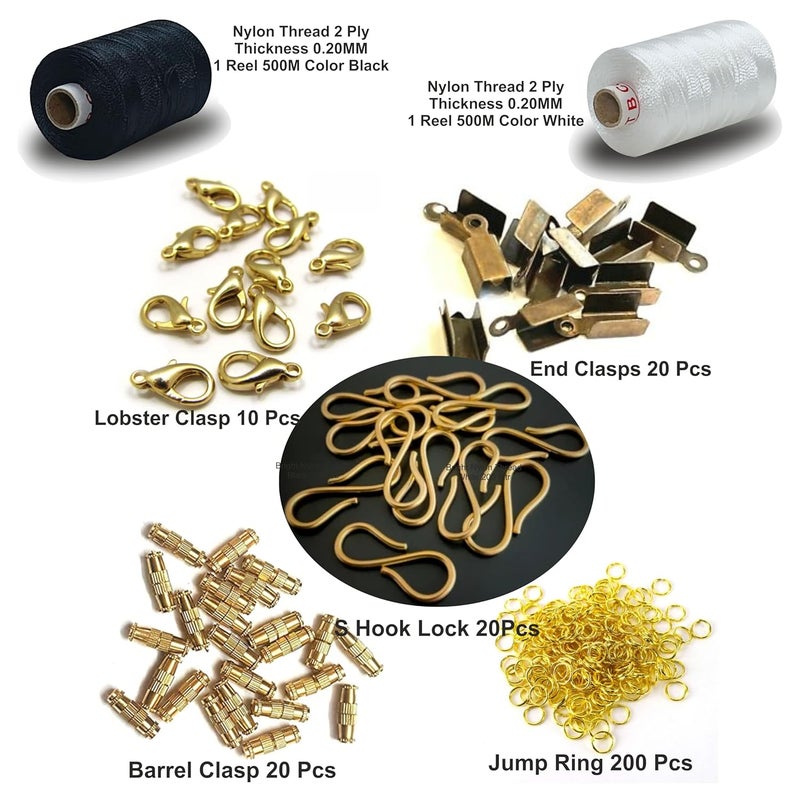 Domick Jewellery Making Fitting Kit, Lobster Clasps 20 Pcs, End Clasps 20 Pcs, (S) Hook Lock 20 Pcs, Barrel Clasps 20 Pcs, Jump Ring 200 Pcs, 2 Ply Nylon Thread 0.20MM 1000 Meter (Black,White) - Image 2