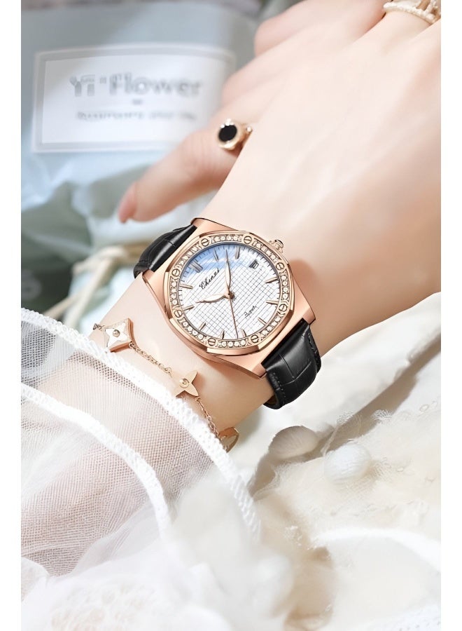 شينيكسي {"en":"Women’s Quartz Wrist Watch with Luxury Diamond-Studded Design, Water Resistant, Scratch-Resistant Glass, Leather Strap with Elegant Box - Image 3