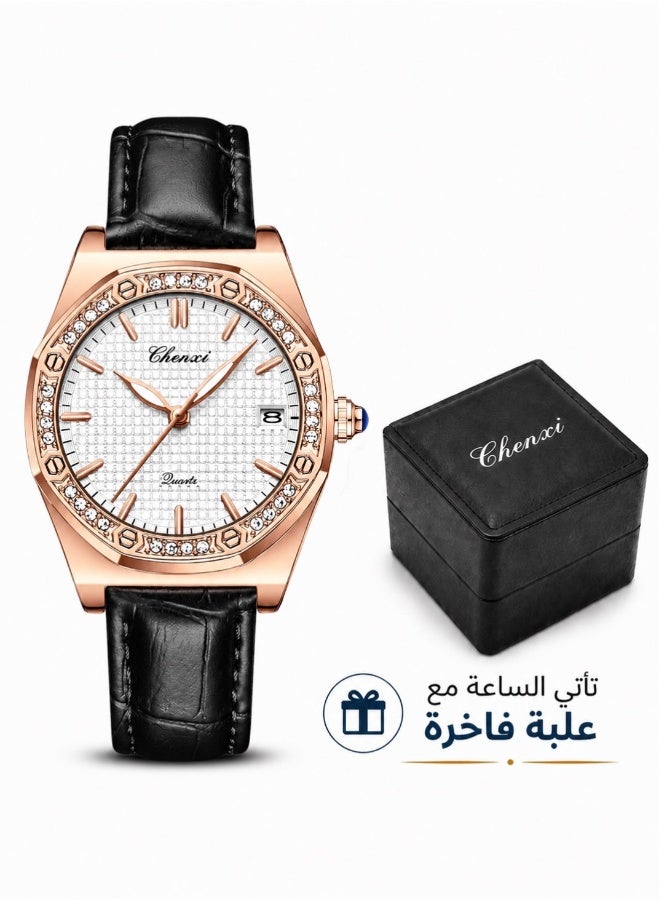 شينيكسي {"en":"Women’s Quartz Wrist Watch with Luxury Diamond-Studded Design, Water Resistant, Scratch-Resistant Glass, Leather Strap with Elegant Box - Image 1