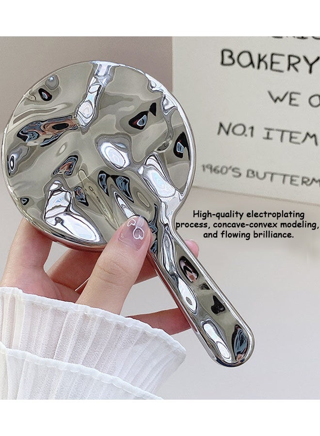 مرآة يدوية، تموجات مائية مرآة يدوية مع مقبض للتشكيلات المستديرة فضة صغيرة الحجم تصميم محمول، مثالية لمهام التزيين الدقيقة تصفيف الشعر تطبيق المكياج الحلاقة صغر الحجم لتلائم الحقائب - Image 5