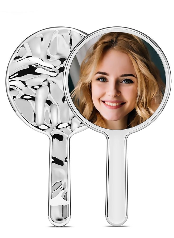 مرآة يدوية، تموجات مائية مرآة يدوية مع مقبض للتشكيلات المستديرة فضة صغيرة الحجم تصميم محمول، مثالية لمهام التزيين الدقيقة تصفيف الشعر تطبيق المكياج الحلاقة صغر الحجم لتلائم الحقائب - Image 1