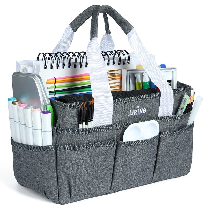 JJRING Craft Organizer Tote Bag Art Storage Caddy with Multiple Pockets Grey Sewing Bag for Art Craft Scrapbooking Medical and Office Supplies Storage