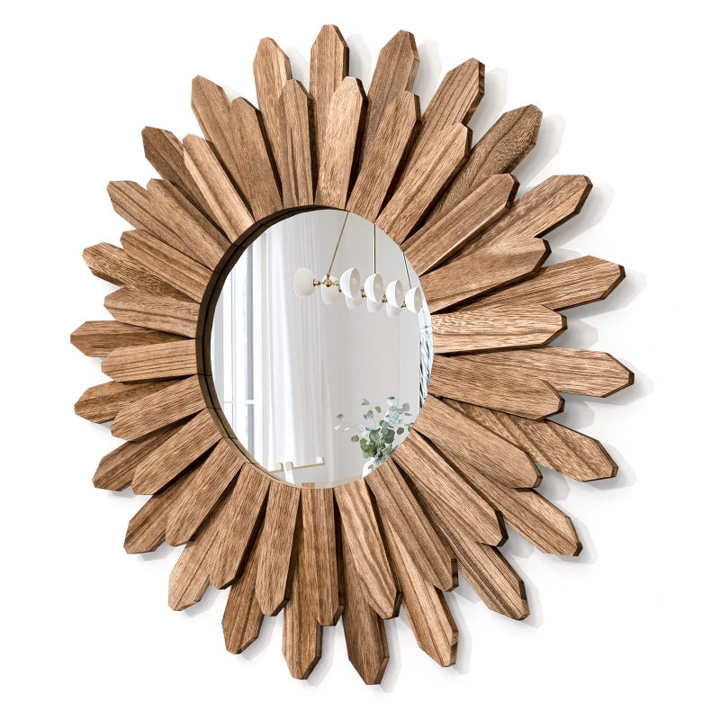 Honiway Mirror Wall Decor 21 inch Rustic Wood Boho Aesthetic Mirror for Room & Home Decor Farmhouse Wall Decor at Living Room Bedroom Carbonized Black - Image 1