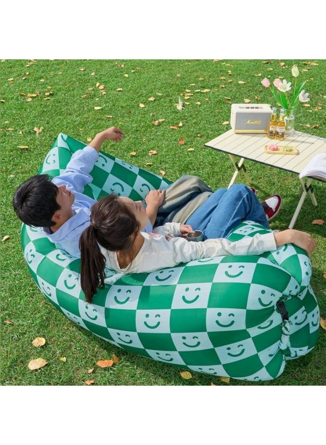 Meetion Inflatable Sofa with Pillow, Portable Waterproof Couch for Camping, Beach, Travel, Picnics, Outdoor, Music Festivals, Backyard-Bean Bag Chair, Folding Sofa-Beach Bed (Green Checkered Smiling Face)  - Image 3