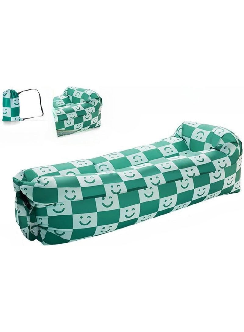 Meetion Inflatable Sofa with Pillow, Portable Waterproof Couch for Camping, Beach, Travel, Picnics, Outdoor, Music Festivals, Backyard-Bean Bag Chair, Folding Sofa-Beach Bed (Green Checkered Smiling Face)  - Image 1