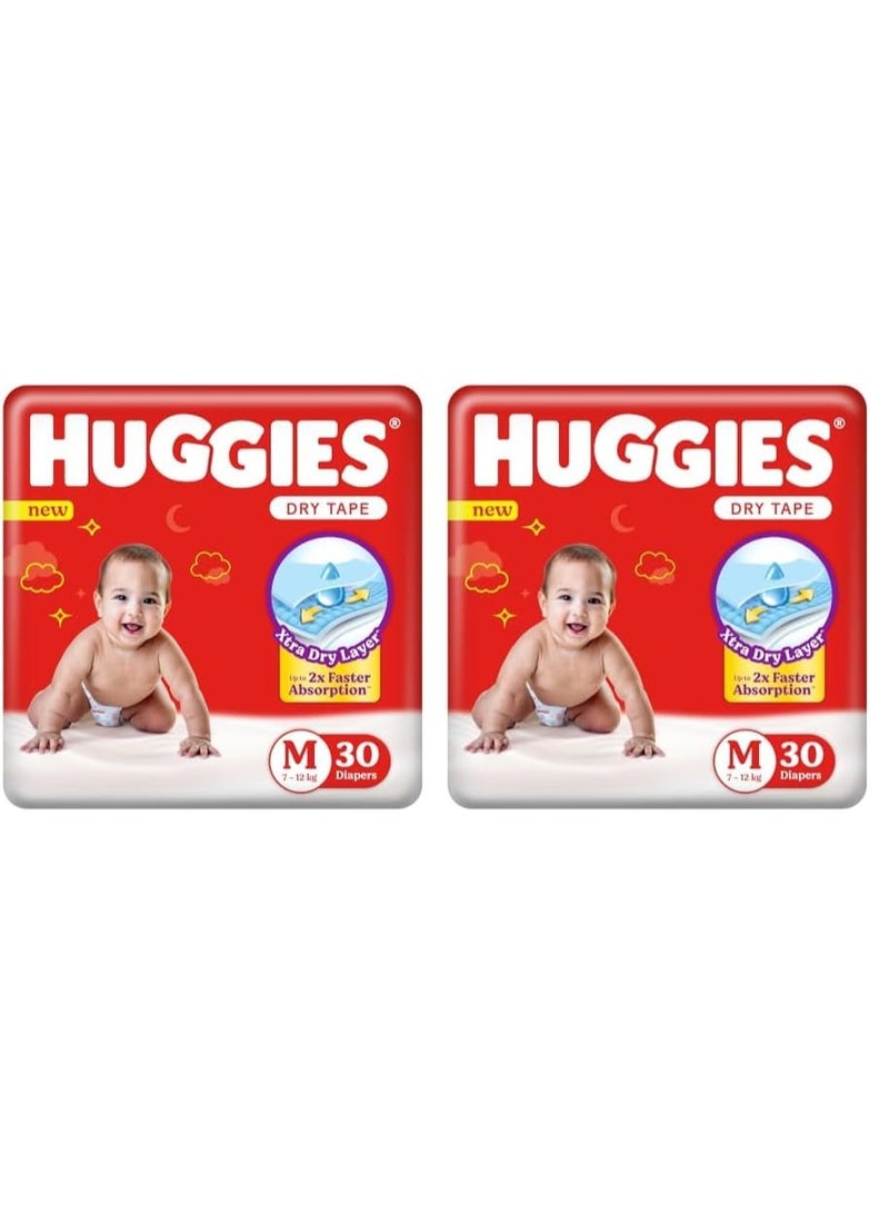 Huggies Dry Tape | Adjustable Tape Style Unisex Diapers, Medium (M) Size (7-12 Kgs), Pack of 30*2 | Up To 2X Faster Absorption, Up To 12 Hours Overnight Absorption - Image 1