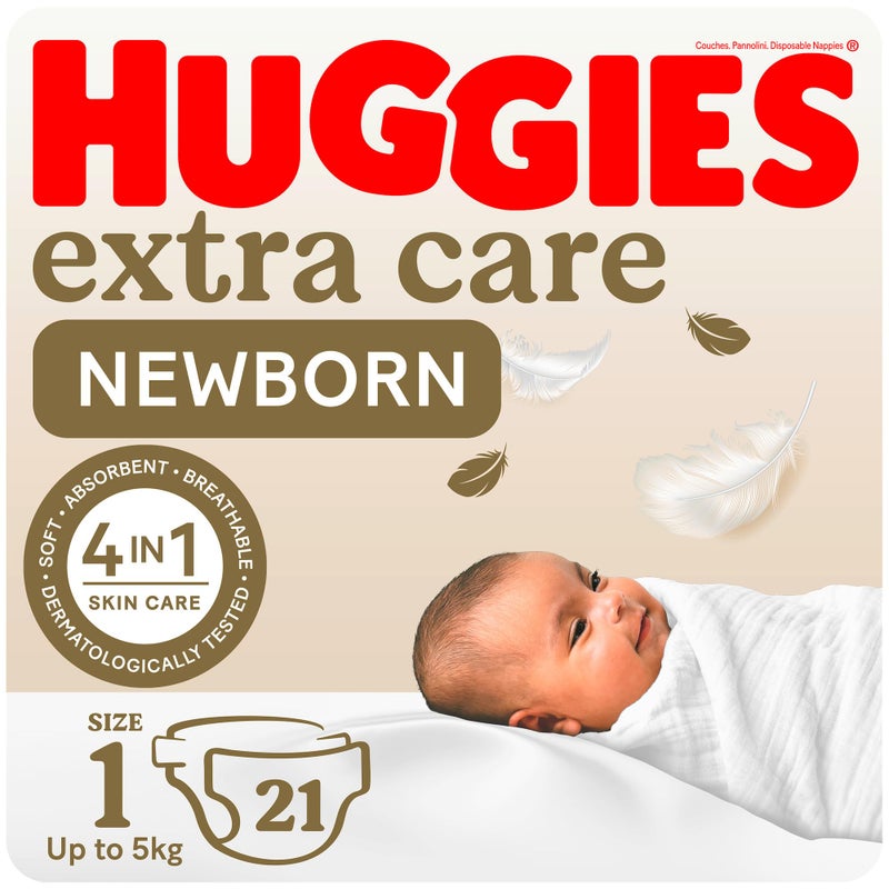 HUGGIES New Born Diapers, Size 1, Carry Pack, up to 5 kg, 21 Count - Made in Europe - Image 1