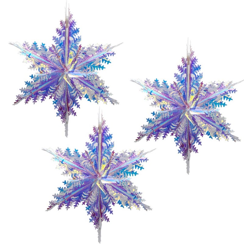 3 Pack Holographic Snowflake Hanging Decoration Shiny Iridescent White Foil Ceiling Decorative Ornament Unicorn Theme Decorations for Decorating Fairy Frozen Theme Party