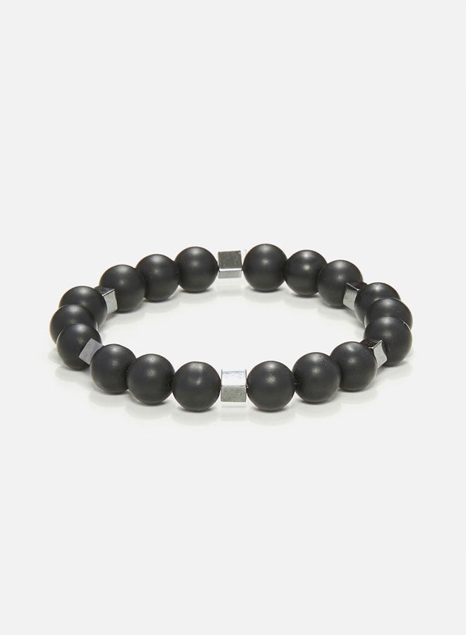 CHRYSOSTOMOS Handmade Beaded Men's Bracelet with Matte Black Onyx and Glossy Square Hematite, Silicone Elastic - Image 1
