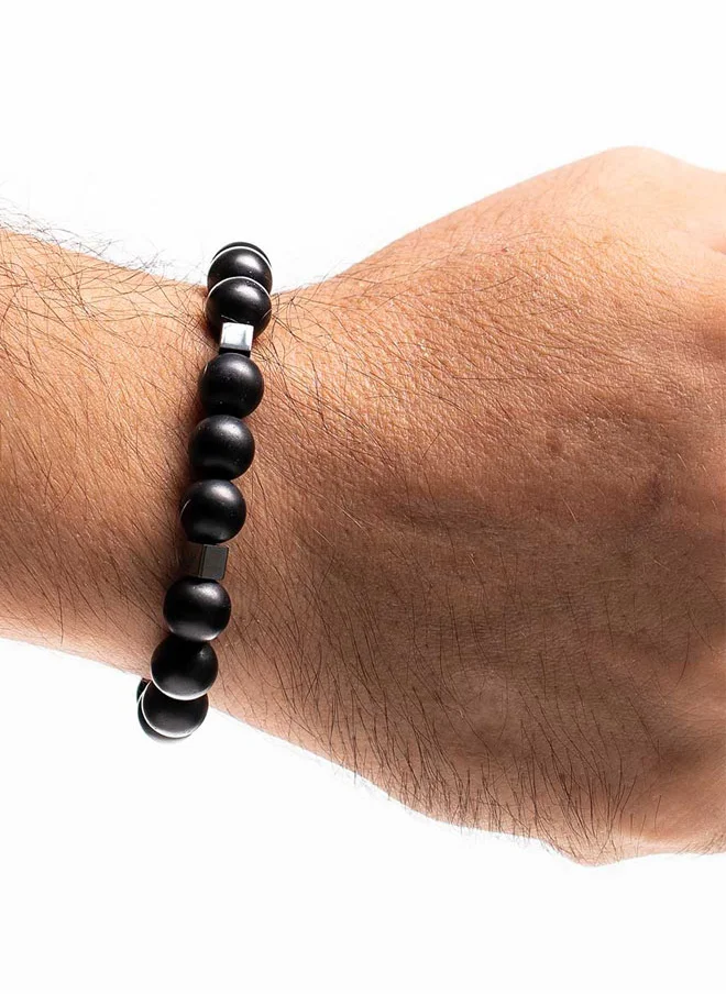 كريسوستوموس Handmade Beaded Men's Bracelet with Matte Black Onyx and Glossy Square Hematite, Silicone Elastic