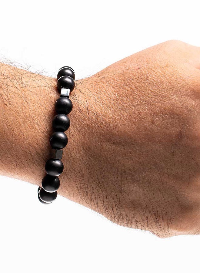 CHRYSOSTOMOS Handmade Beaded Men's Bracelet with Matte Black Onyx and Glossy Square Hematite, Silicone Elastic - Image 3