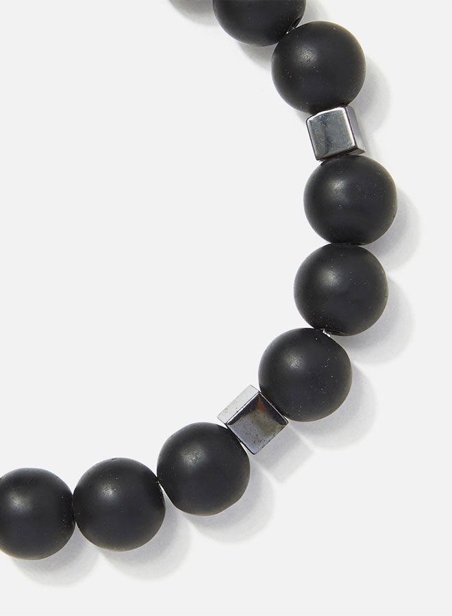 CHRYSOSTOMOS Handmade Beaded Men's Bracelet with Matte Black Onyx and Glossy Square Hematite, Silicone Elastic - Image 2
