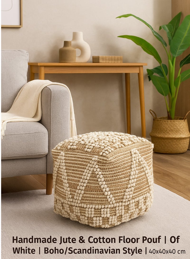 LOFT Square Jute and Cotton Floor Pouf - Soft Knitted Design - Natural Colors - 40x40x40 cm - BELLEU