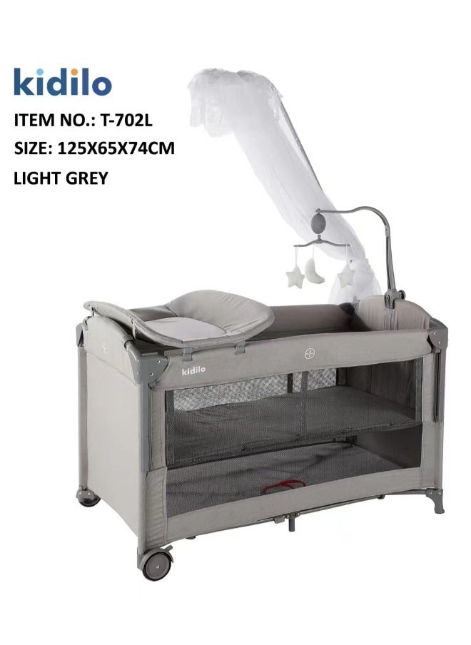 Kidilo - Baby Playpen Bedside Crib Co Sleeping crib Drop side bed travel cot drop side different levels with  Anti-Mosquito net and toys code(T702L ) Lightgrey - Image 1