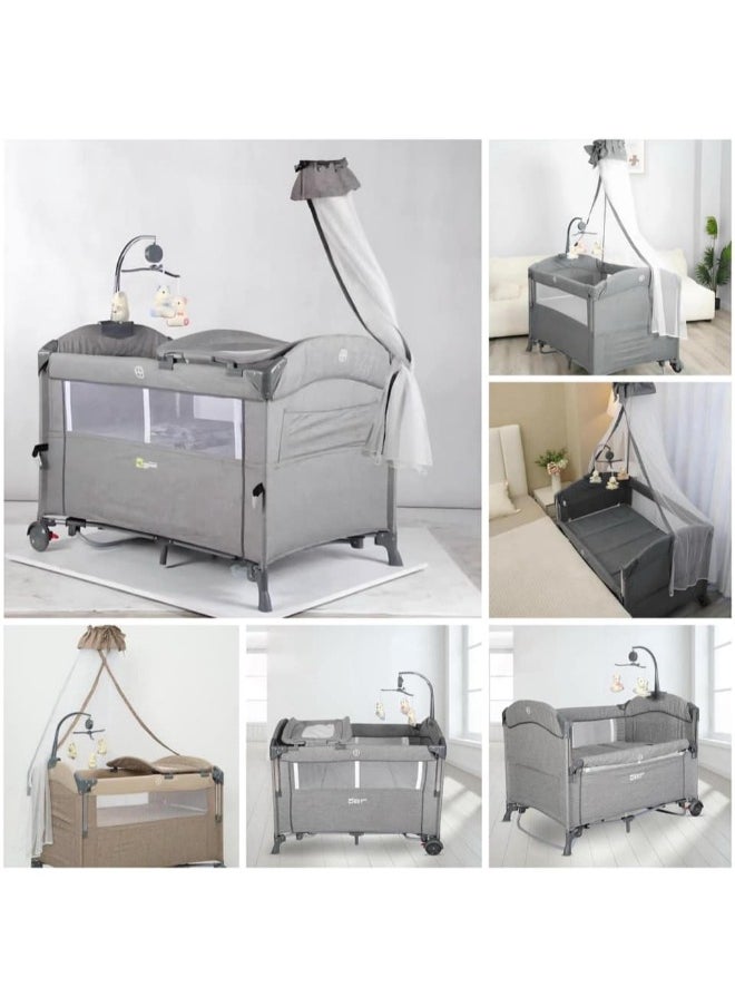Kidilo - Baby Playpen Bedside Crib Co Sleeping crib Drop side bed travel cot drop side different levels with  Anti-Mosquito net and toys code(T702L ) Lightgrey - Image 1