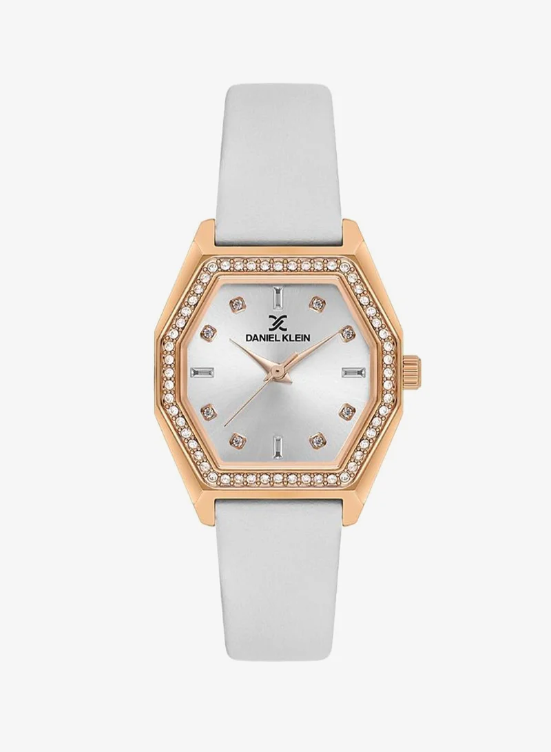 DANIEL KLEIN Women's Leather Rose Gold Alloy Case Analog Silver Diamond Sunray Dial Japanese Quartz Premium 30 Meters Water Resistant