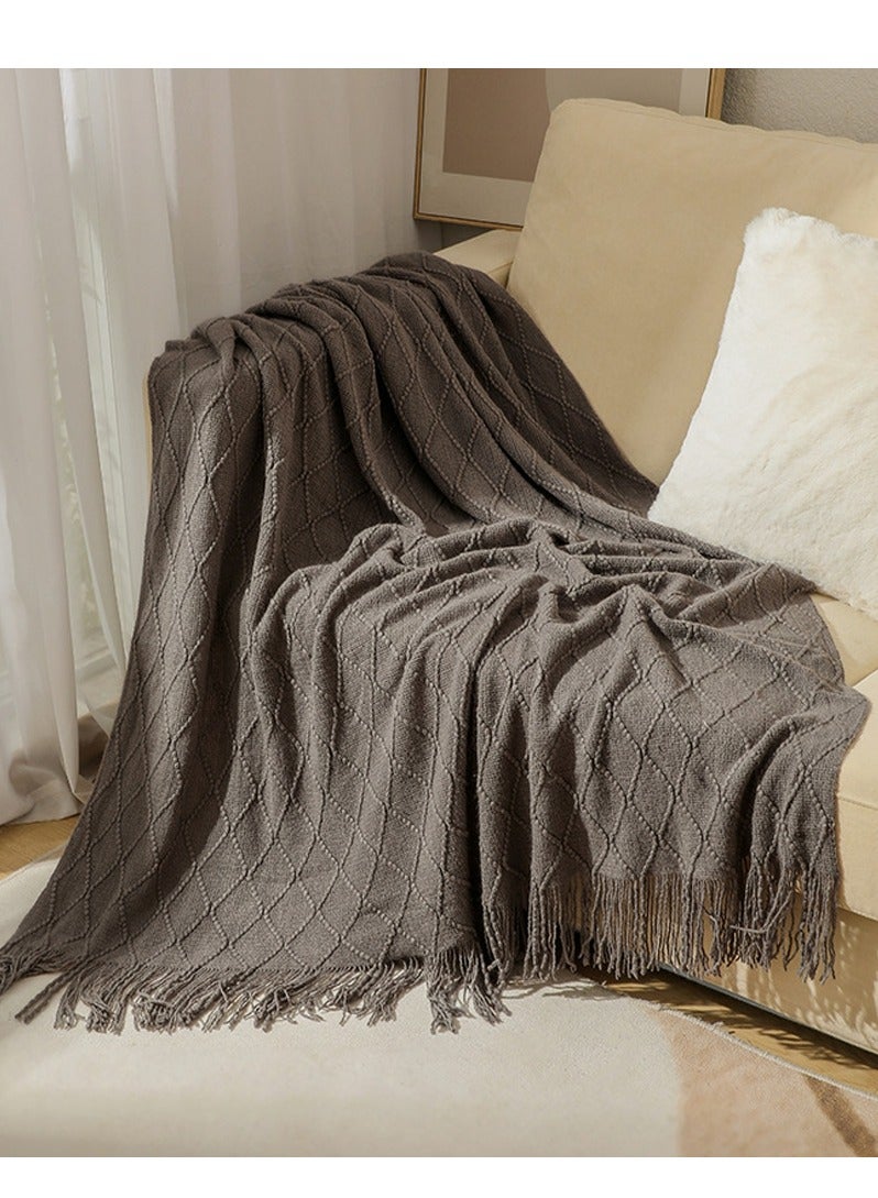 Loquat Tassel Design Knitted Soft Throw Blanket Keep Warm  Ash Grey