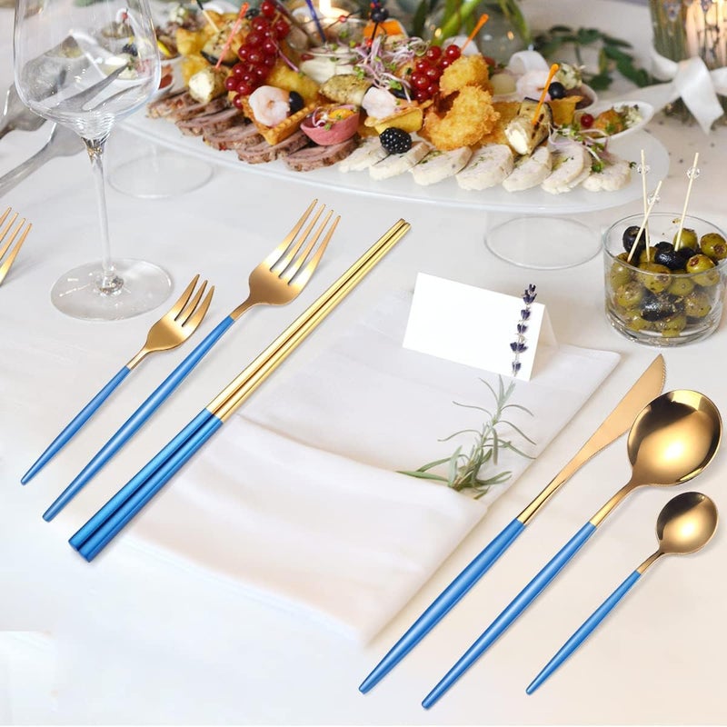 AARainbow 8 Pieces Stainless Steel Flatware Set Portable Reusable Cutlery Set Travel Utensils Set Including Chopsticks Knife Fork Spoon Straws Cleaning Brush Dishwasher Safe (Blue Golden) - Image 5