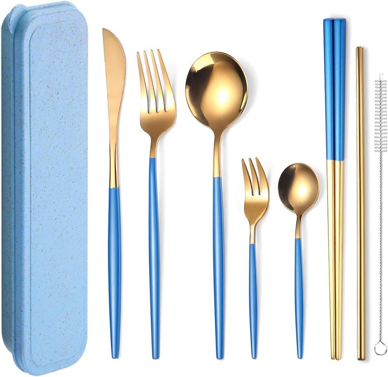 AARainbow 8 Pieces Stainless Steel Flatware Set Portable Reusable Cutlery Set Travel Utensils Set Including Chopsticks Knife Fork Spoon Straws Cleaning Brush Dishwasher Safe (Blue Golden) - Image 1