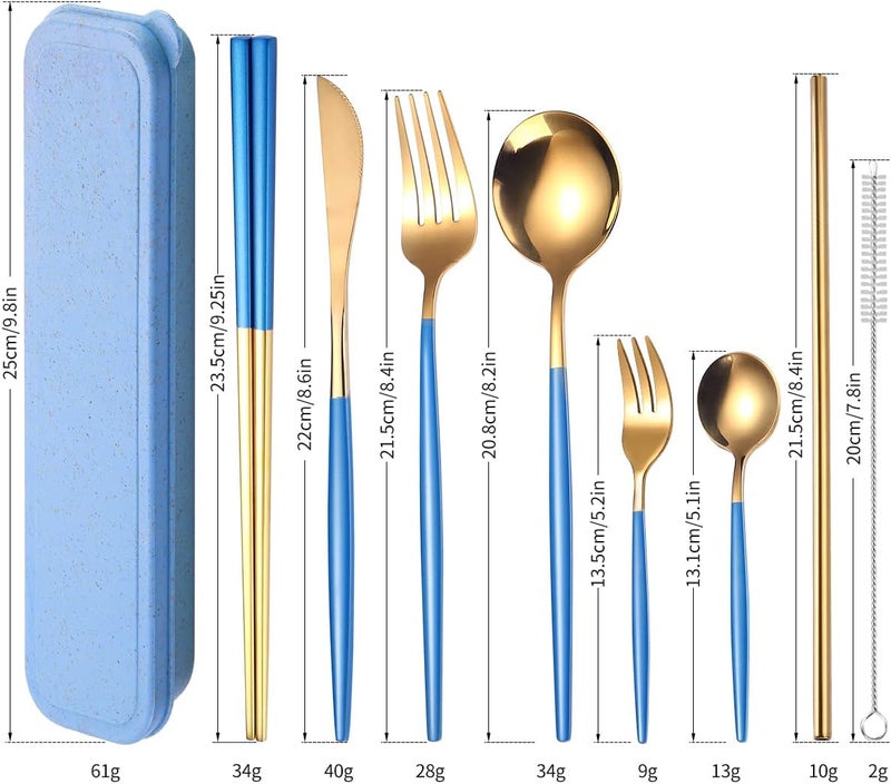 AARainbow 8 Pieces Stainless Steel Flatware Set Portable Reusable Cutlery Set Travel Utensils Set Including Chopsticks Knife Fork Spoon Straws Cleaning Brush Dishwasher Safe (Blue Golden) - Image 2