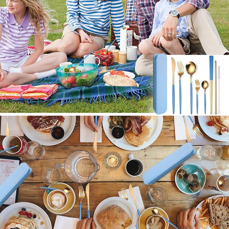 AARainbow 8 Pieces Stainless Steel Flatware Set Portable Reusable Cutlery Set Travel Utensils Set Including Chopsticks Knife Fork Spoon Straws Cleaning Brush Dishwasher Safe (Blue Golden) - Image 4