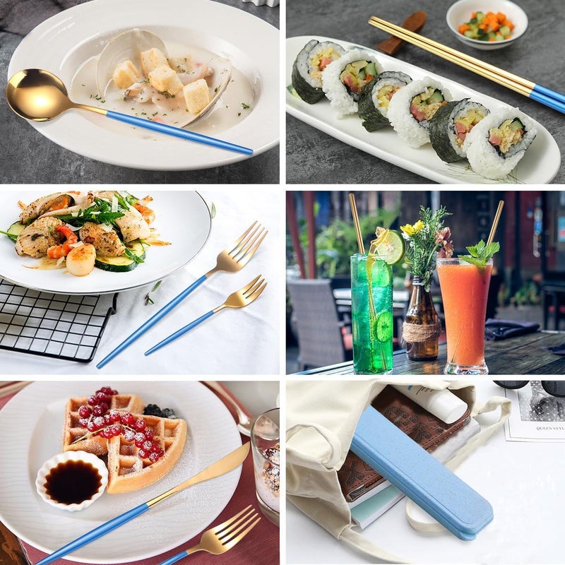AARainbow 8 Pieces Stainless Steel Flatware Set Portable Reusable Cutlery Set Travel Utensils Set Including Chopsticks Knife Fork Spoon Straws Cleaning Brush Dishwasher Safe (Blue Golden) - Image 3