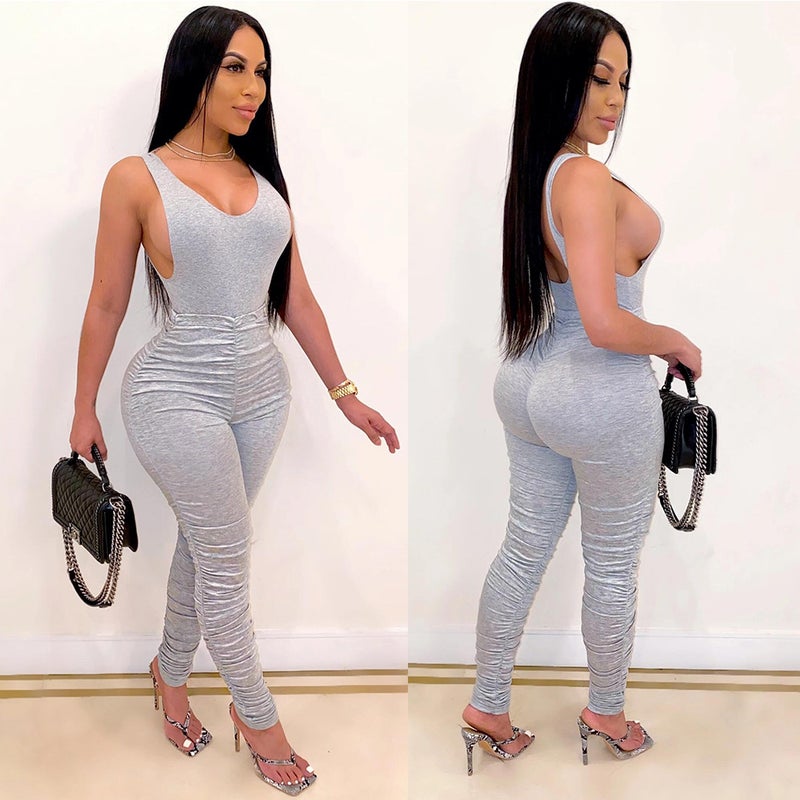 V2001 Backless V-Neck Pleated Jumpsuit Nightsuit - Image 3