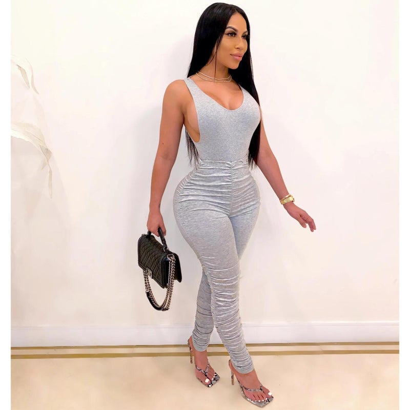 V2001 Backless V-Neck Pleated Jumpsuit Nightsuit - Image 5